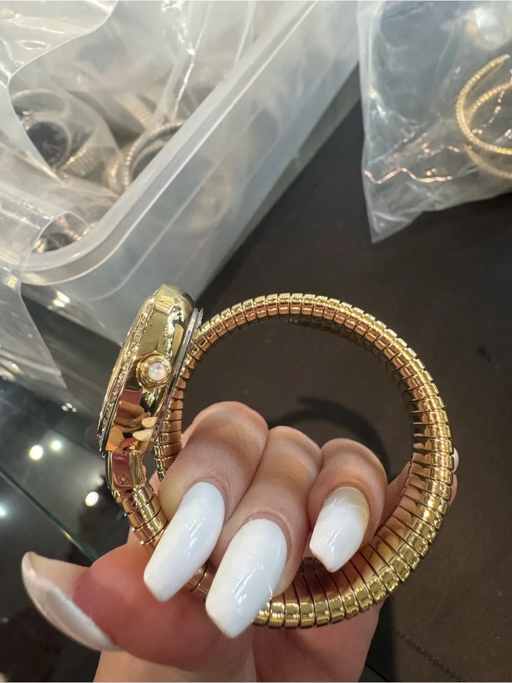 Colleen Lopez Gold-Tone Coil Wrap Watch with Rhinestone Bezel and White Dial
